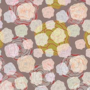 Seamless pattern with watercolor roses with translucent overlays, hand drawn, in a pastel color palette. 