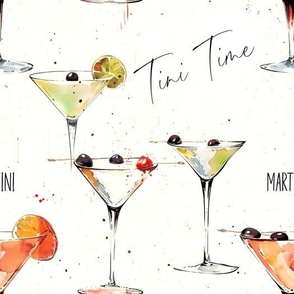 Med - Retro Martini Cocktail.  Tini Time printed fabric. White background