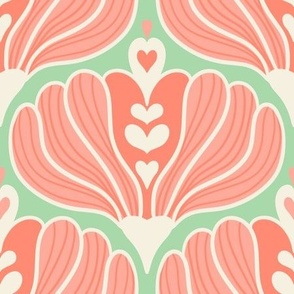 Serene-hearted-beige-flowers-in-kitschy-soft-vintage-peach-pink-on-soft-light-pastel-mint-green-XL-jumbo