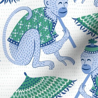monkeys with parasols/green and blue on white background textured/large
