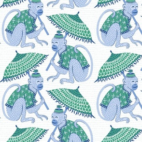 monkeys with parasols/green and blue on white background textured/large