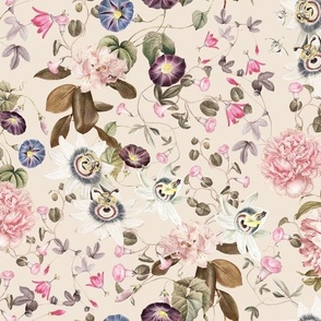 A tropical flower rainforest with climbers and  spring flowers- soft blush powder pink 