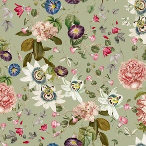 A tropical flower rainforest with climbers and  spring flowers- sage green 