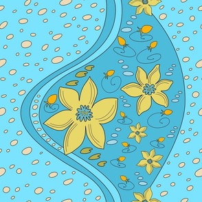 yellow spring water flowers on a blue background (medium)