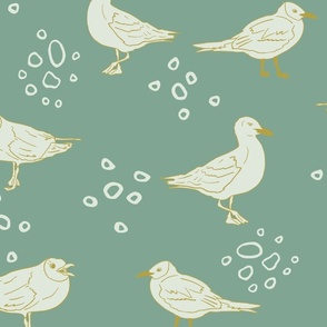 Cream colored Seagulls with cream circles | Big Version | hand drawn Pattern of Beach Wildlife on mint background