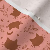 Boho black cats leaves and stars - night moon universe design rust orange on pink blush