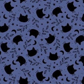 Boho black cats leaves and stars - night moon universe design black on moody blue