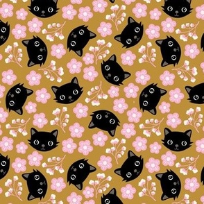 Cute fall cats and blossom - bohemian halloween kitten design black cat and flowers black blush pink on mustard yellow