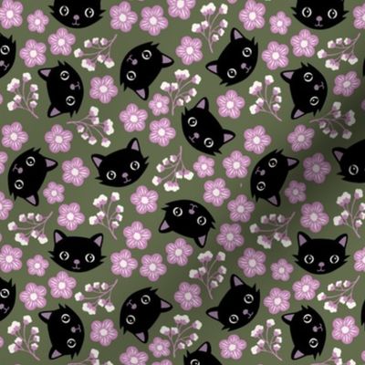 Cute fall cats and blossom - bohemian halloween kitten design black cat and flowers black pink on forest green