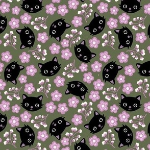 Cute fall cats and blossom - bohemian halloween kitten design black cat and flowers black pink on forest green