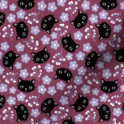 Cute fall cats and blossom - bohemian halloween kitten design black cat and flowers black lilac lavender on burgundy