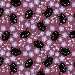 Cute fall cats and blossom - bohemian halloween kitten design black cat and flowers black lilac lavender on burgundy