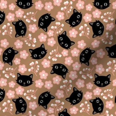 Cute fall cats and blossom - bohemian halloween kitten design black cat and flowers black blush on burnt orange