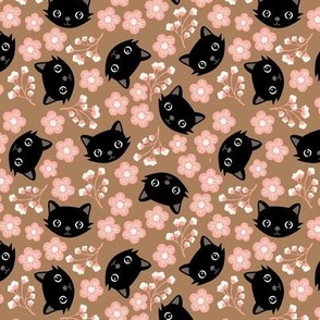 Cute fall cats and blossom - bohemian halloween kitten design black cat and flowers black blush on burnt orange