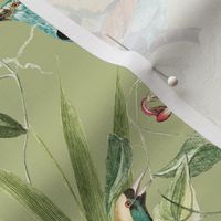 Nostalgic Magic Bird Garden Jungle - Antique Birds, Leaves And Vines,Vintage home decor, antique wallpaper Sage Green