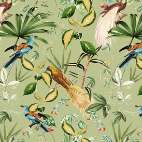 Nostalgic Magic Bird Garden Jungle - Antique Birds, Leaves And Vines,Vintage home decor, antique wallpaper Sage Green
