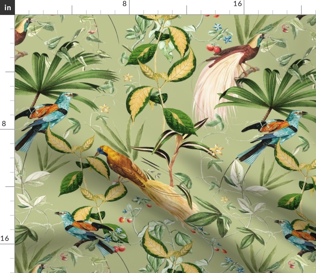 Nostalgic Magic Bird Garden Jungle - Antique Birds, Leaves And Vines,Vintage home decor, antique wallpaper Sage Green