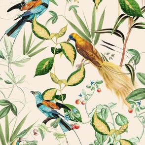Nostalgic Magic Bird Garden Jungle - Antique Birds, Leaves And Vines,Vintage home decor, antique wallpaper Beige