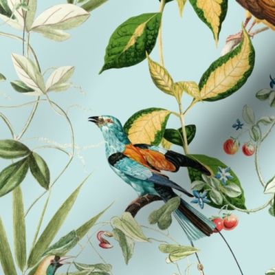 Nostalgic Magic Bird Garden Jungle - Antique Birds, Leaves And Vines,Vintage home decor, antique wallpaper Turquoise 