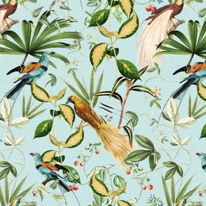 Nostalgic Magic Bird Garden Jungle - Antique Birds, Leaves And Vines,Vintage home decor, antique wallpaper Turquoise 