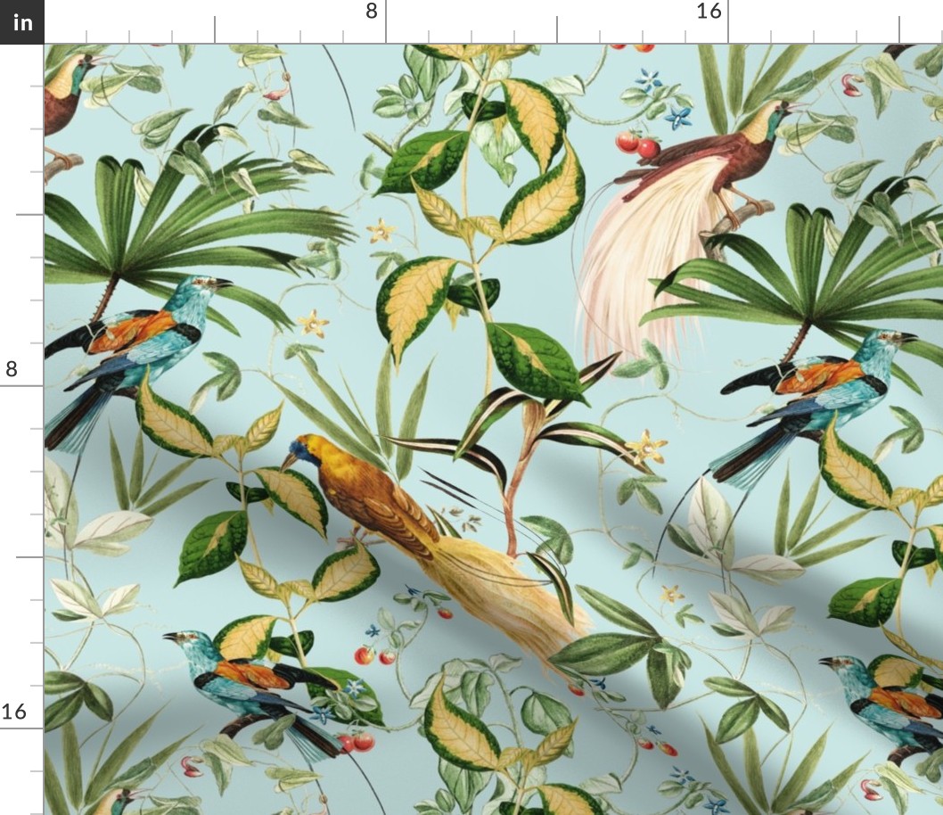 Nostalgic Magic Bird Garden Jungle - Antique Birds, Leaves And Vines,Vintage home decor, antique wallpaper Turquoise 