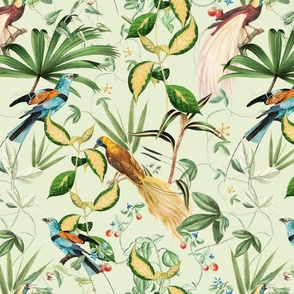 Nostalgic Magic Bird Garden Jungle - Antique Birds, Leaves And Vines,Vintage home decor, antique wallpaper Light Green 