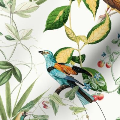 Nostalgic Magic Bird Garden Jungle - Antique Birds, Leaves And Vines,Vintage home decor, antique wallpaper Off White