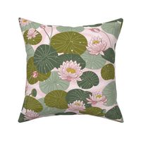 light pink waterlily and leaves on pink 20 in