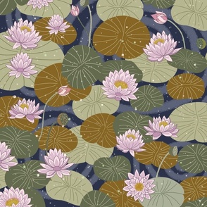 light purple waterlily and leaves on dark blue  20 in
