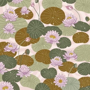 light purple waterlily and leaves  on pink 20 in