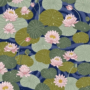light pink waterlily and leaves on dark blue  20 in