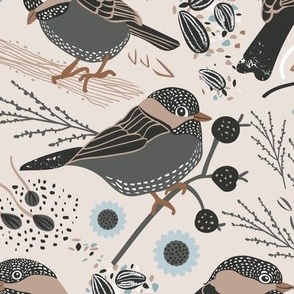 Chickadee Birds Flowers Seeds Gray Taupe And Sea Blue Large Scale