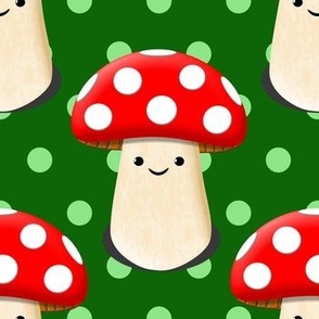  Cute Mushroom Green Polka Dot Drawing Pattern