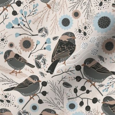 Chickadee Birds Flowers Seeds Gray Taupe And Sea Blue Medium Scale