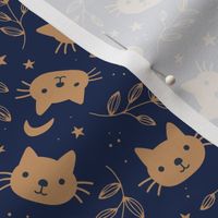 Cute vintage cats moon and stars - bohemian vibes cat design golden navy blue night