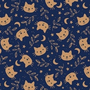 Cute vintage cats moon and stars - bohemian vibes cat design golden navy blue night