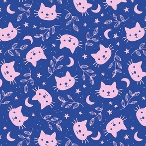 Cute vintage cats moon and stars - bohemian vibes cat design pink on eclectic blue