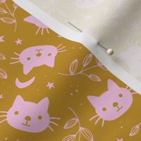 Cute vintage cats moon and stars - bohemian vibes cat design pink on mustard yellow