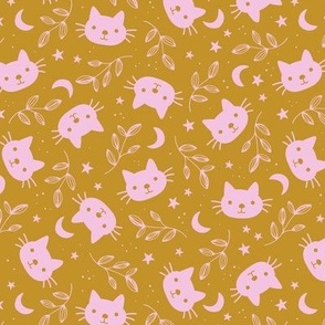 Cute vintage cats moon and stars - bohemian vibes cat design pink on mustard yellow