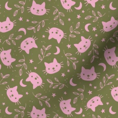 Cute vintage cats moon and stars - bohemian vibes cat design pink on olive green