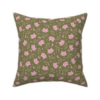 Cute vintage cats moon and stars - bohemian vibes cat design pink on olive green