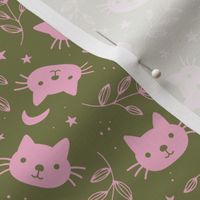 Cute vintage cats moon and stars - bohemian vibes cat design pink on olive green