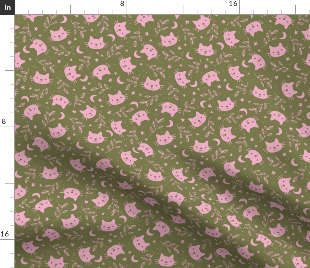 Cute vintage cats moon and stars - bohemian vibes cat design pink on olive green