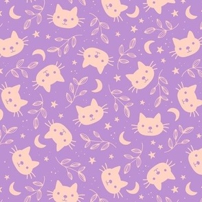 Cute vintage cats moon and stars - bohemian vibes cat design blush peach on lilac purple