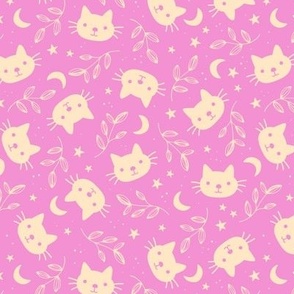 Cute vintage cats moon and stars - bohemian vibes cat design yellow vanilla on pink