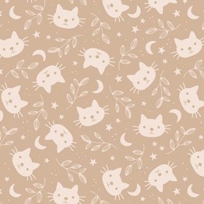 Cute vintage cats moon and stars - bohemian vibes cat design sand beige seventies palette