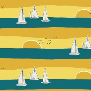 (L) Sunset Sailing - sail boats on the sea with seagulls - yellow, ochre and teal