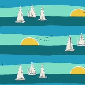 (L) Sunset Sailing - sail boats on the sea with seagulls - aqua, blue and teal