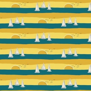 (M) Sunset Sailing - sail boats on the sea with seagulls - yellow, ochre and teal