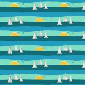 (M) Sunset Sailing - sail boats on the sea with seagulls - aqua, blue and teal